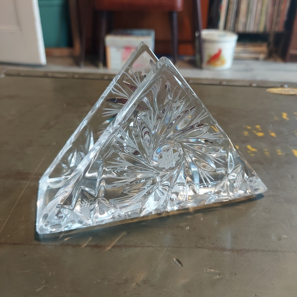 Vintage Cut Crystal Napkin Holder Clear Glass Pinwheel Star Triangle 5x3.25x2